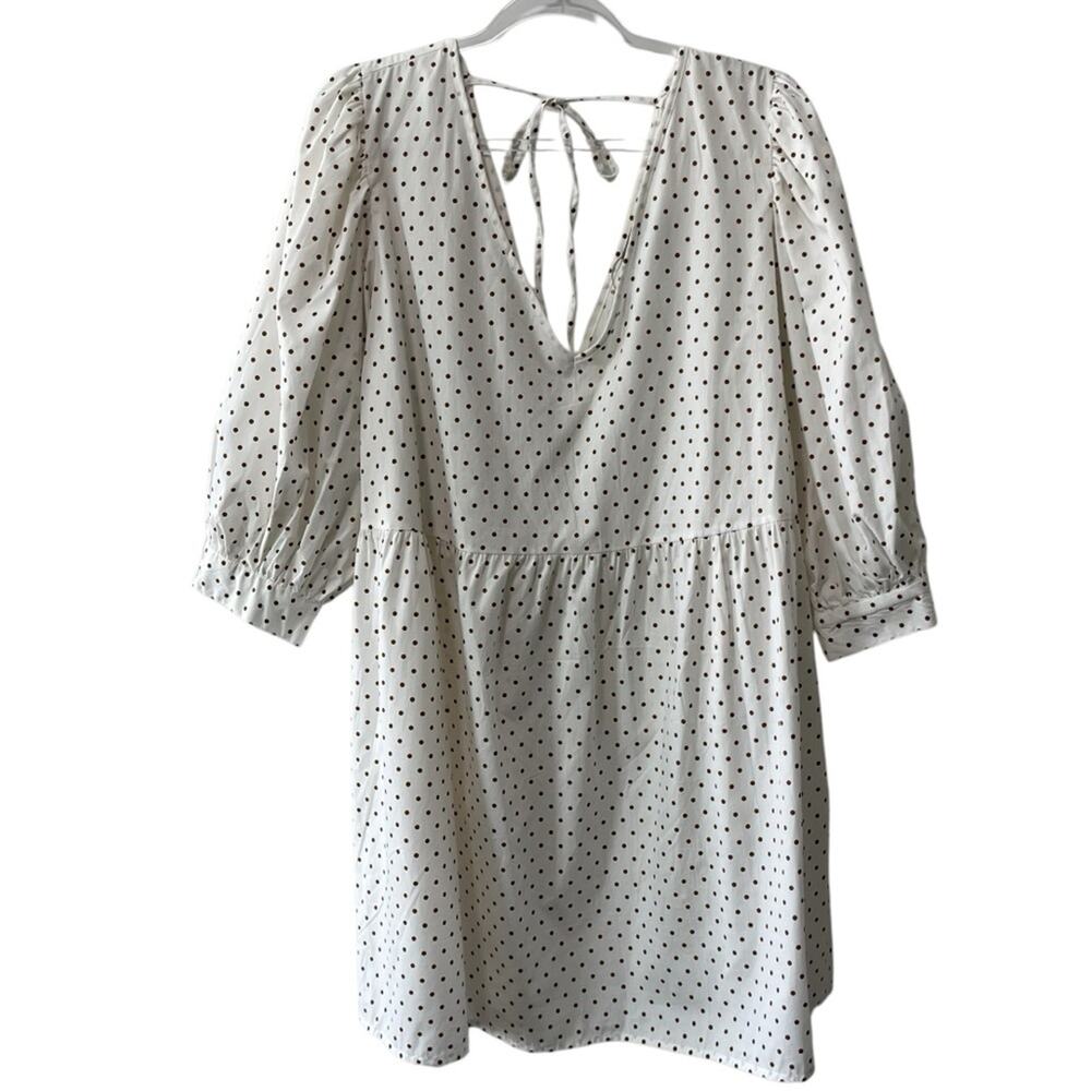 Asos Double V Elbow Sleeve Polka Dot A Line Cotton Dress White Brown Size 14